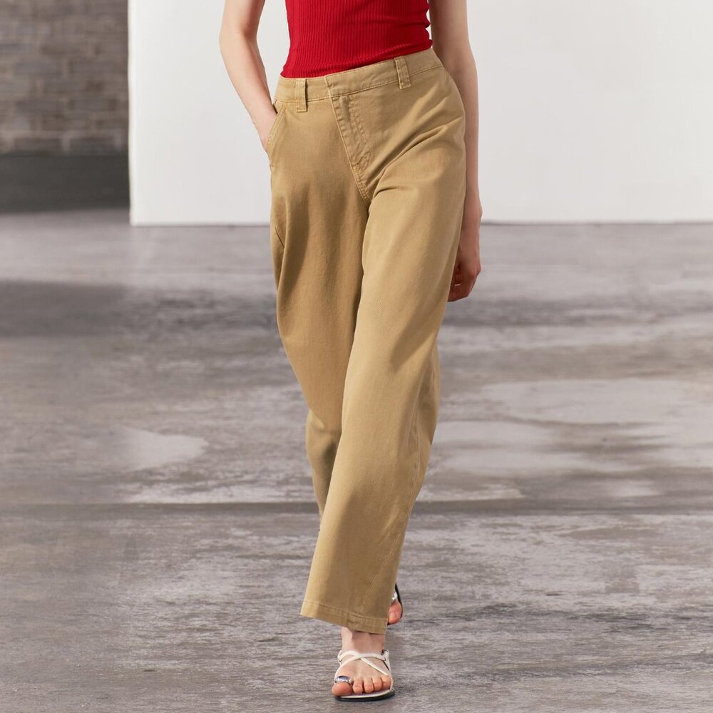 Women's Zara Asymmetrical Waist Crossover Chino Trousers Tan Size S